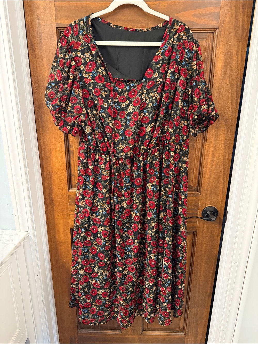 SHEIN Black Midi Dress with Red, Cream & Blue Floral Print